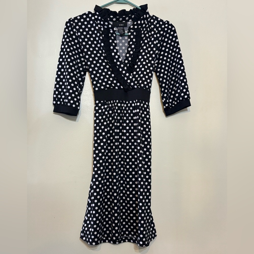 Hypnotic Polka Dot Ruffle Wrap Black and White Dress Retro Medium